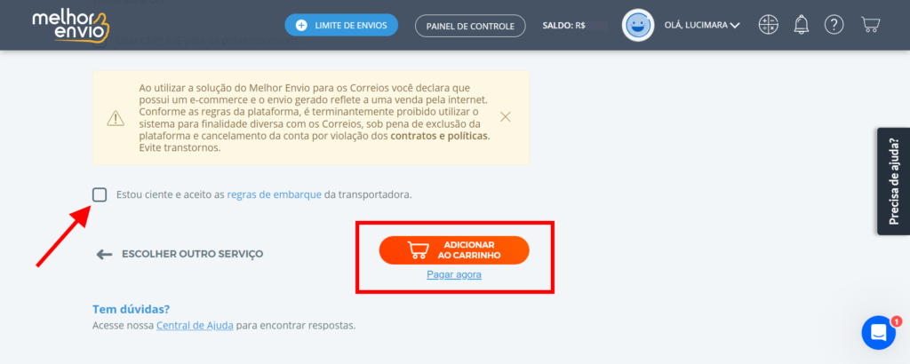 Aceite as regras de embarque da transportadora e selecione "Adicionar ao carrinho" ou "Pagar agora"