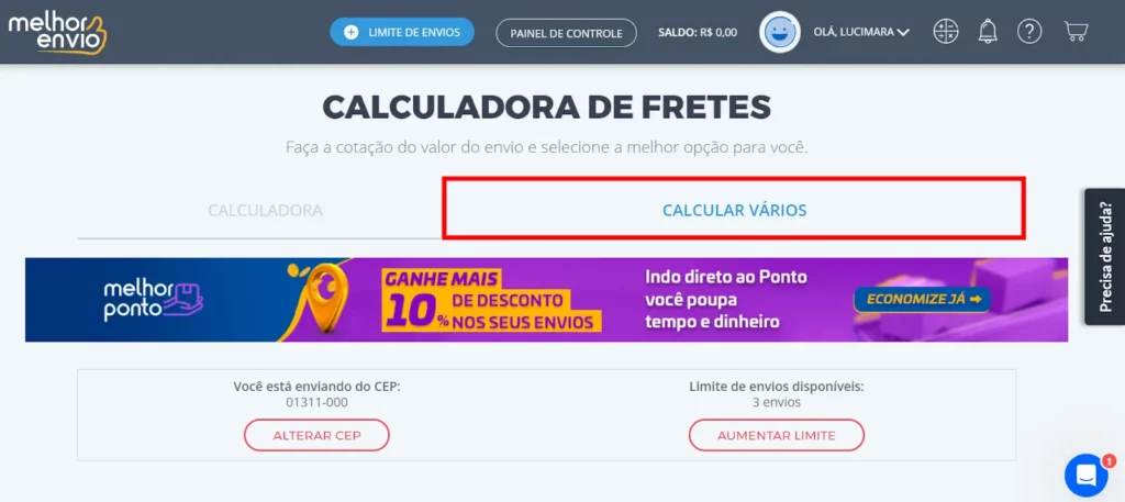 Selecione a aba "Calcular Vários" para cotação de múltiplos fretes