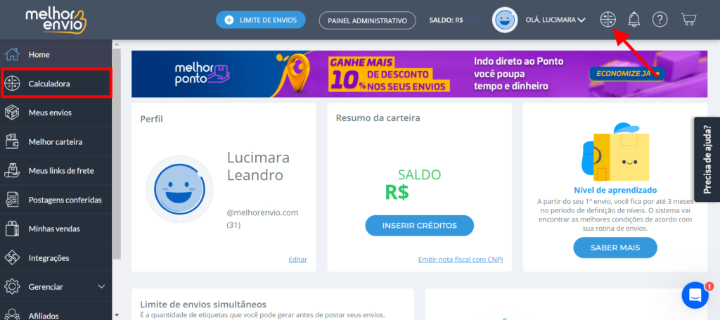 Painel do Melhor Envio, selecione "Calculadora" na aba lateral