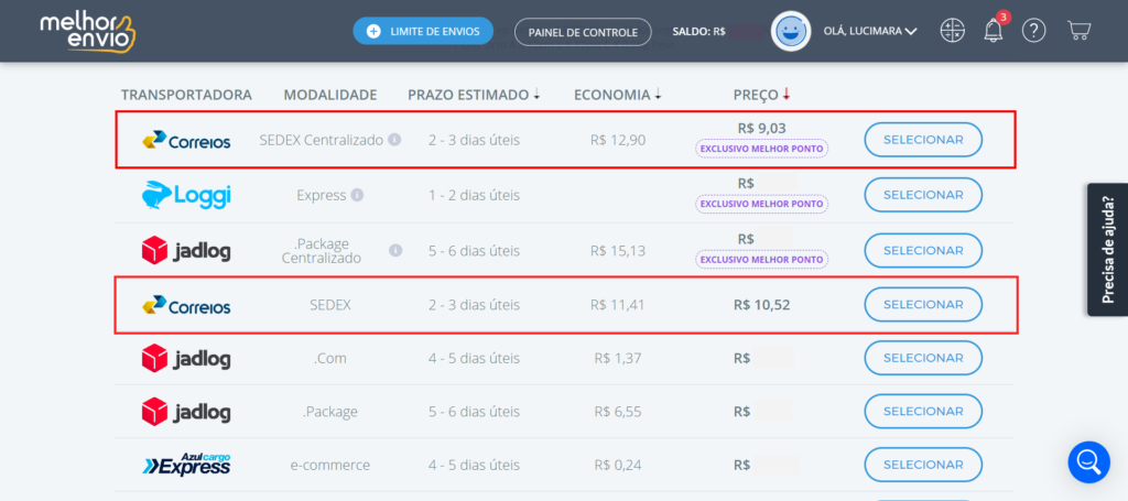 Diferença de preço entre o Sedex Centralizado (Exclusivo Melhor Ponto) e do Sedex comum.
