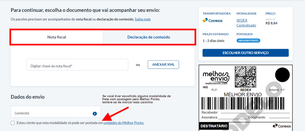 escolha entre nota fiscal ou declaração de conteúdo