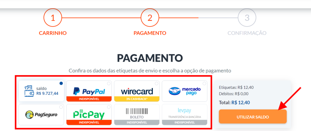 Selecione o método de pagamento
