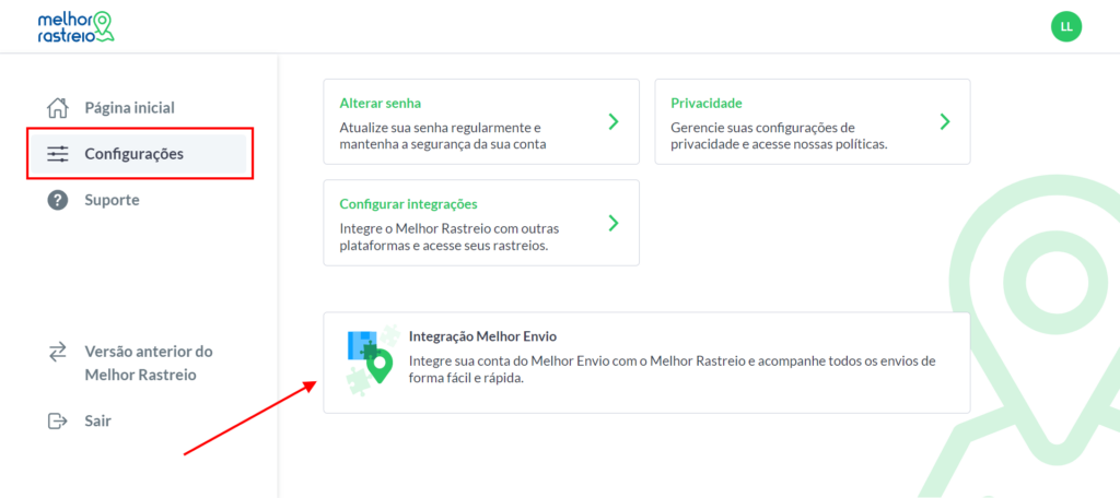 Selecione "Configurações" e clique em "Integração Melhor Envio"