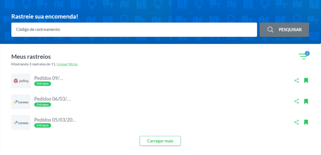 Listagens de rastreios filtrados