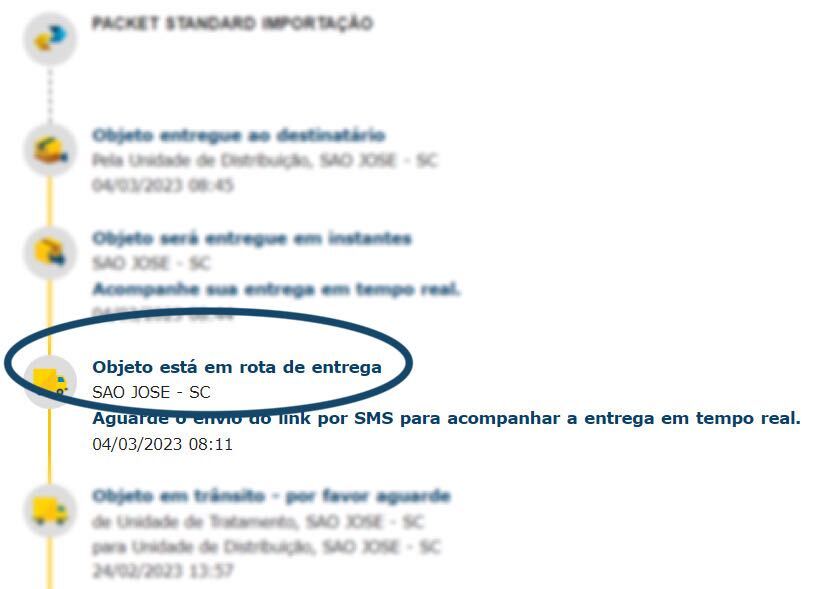 Exemplo de notificação de "Objeto está em rota de entrega" no rastreio dos Correios