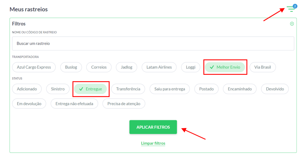 Aplicar filtros no status de entrega