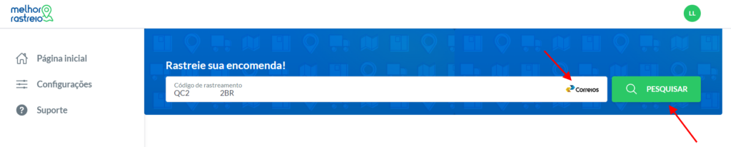 Ao inserir o código de rastreio, a barra de busca indica de qual transportadora é o código