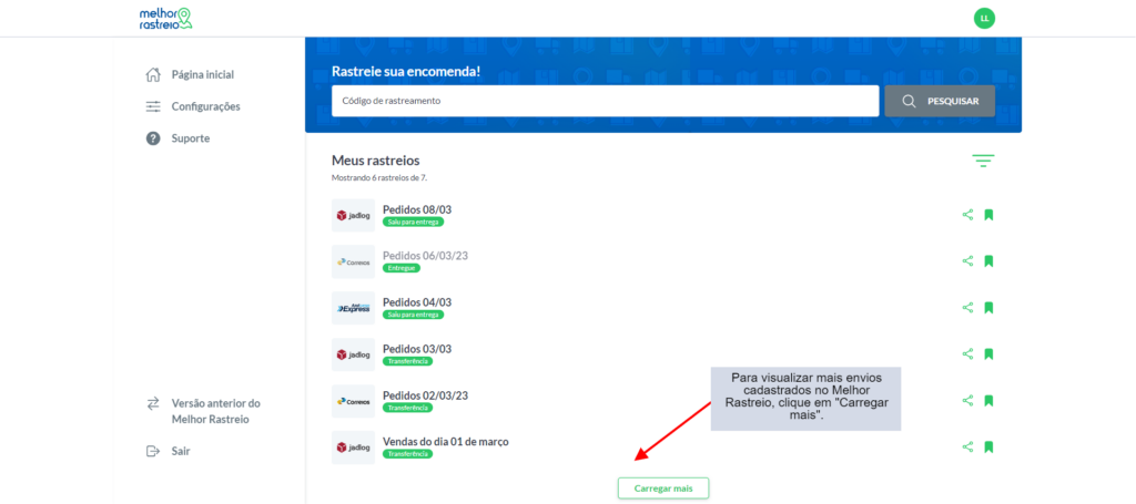 Todos os envios exibidos no Melhor Rastreio