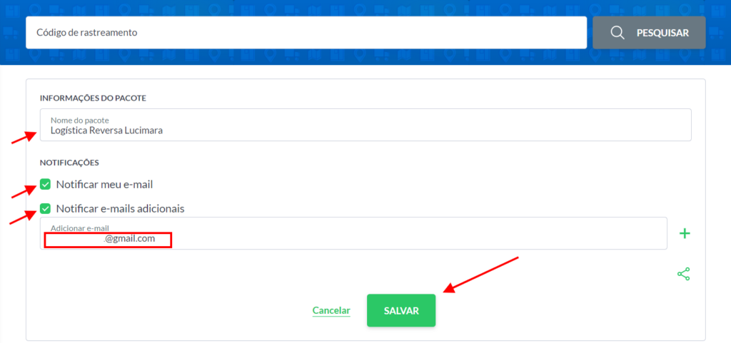 Selecione "Notificar meu e-mail" e "Notificar e-mails adicionais"