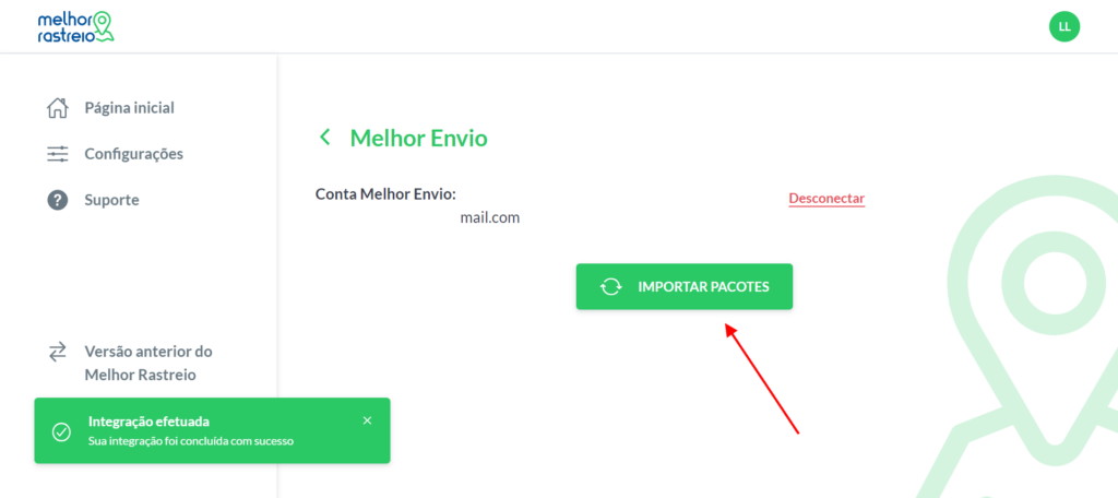 Clique em "Importar pacotes" no Melhor Rastreio