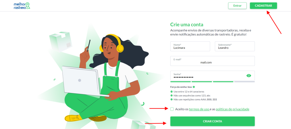 Clique em "Cadastrar" no Melhor Rastreio