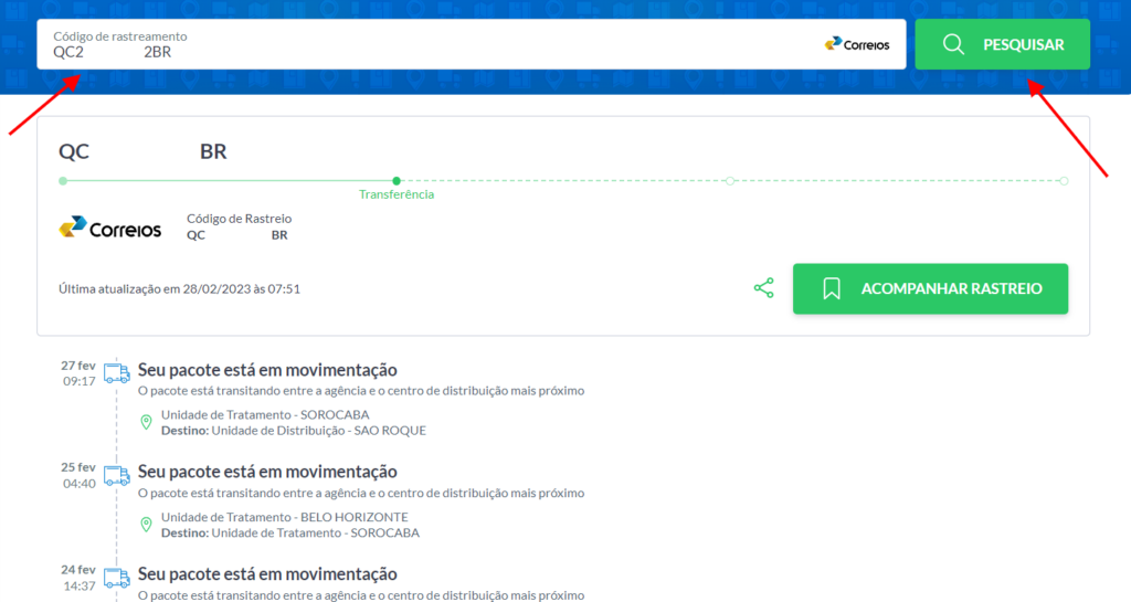 Status de entrega do Melhor Envio