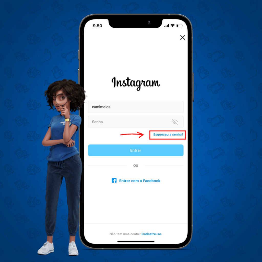 Tela de login do instagram com seta apontando para "Esqueceu a senha"