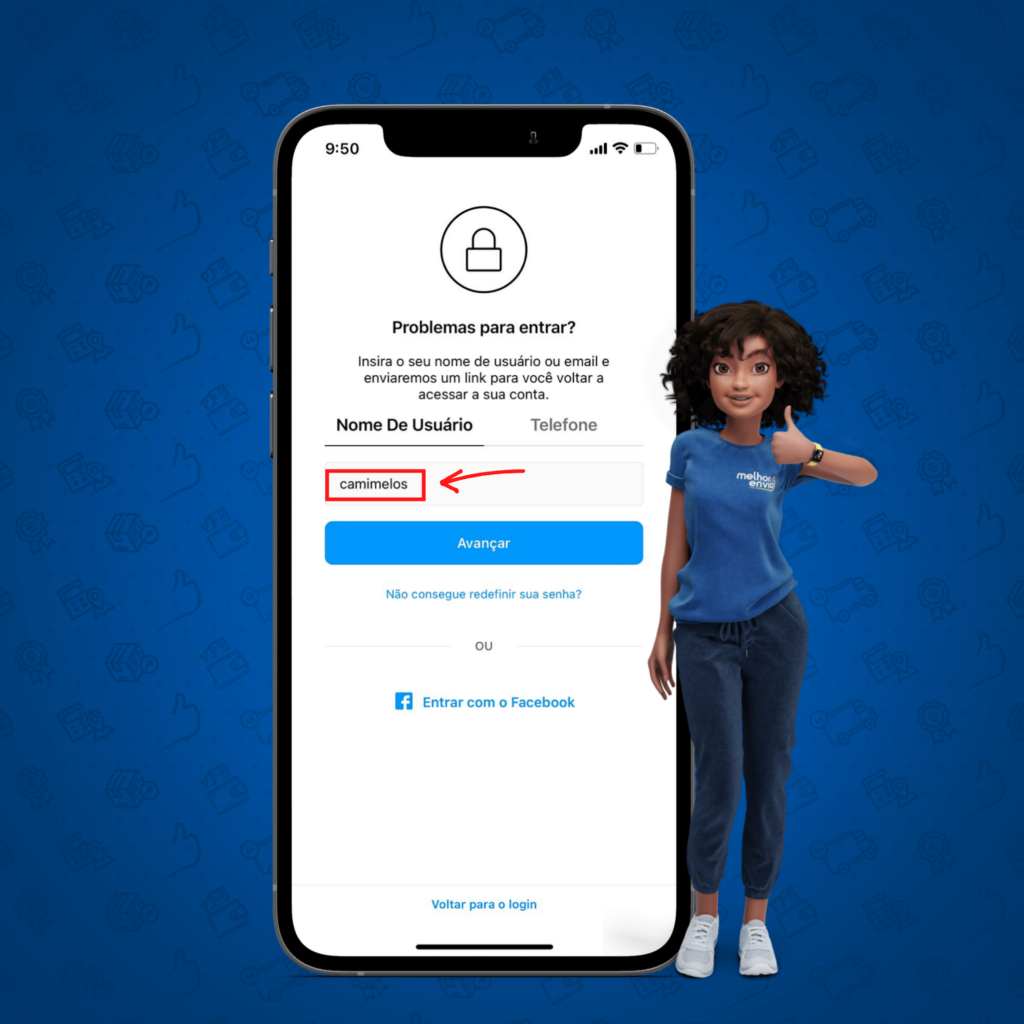 Tela instagram com campo para inserir o nome de usuário