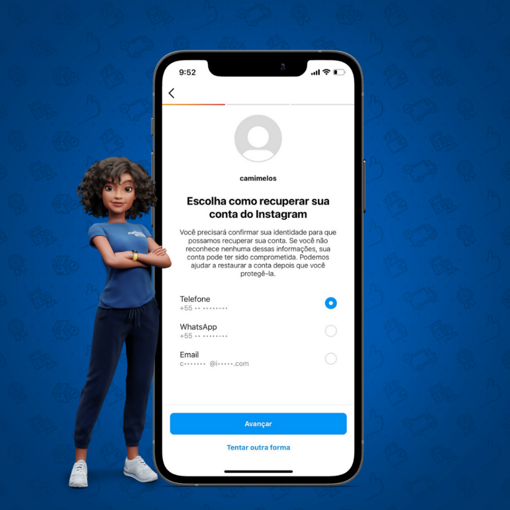 Tela instagram escolha forma de recuperação