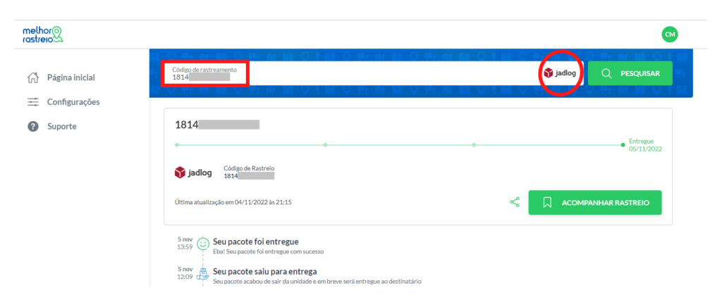 Exemplo de como o Melhor Rastreio identifica a transportadora através do código