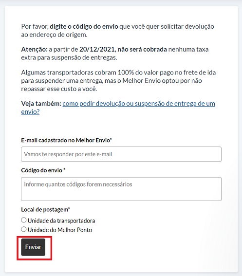 formulário de suspensão com transportadoras privadas