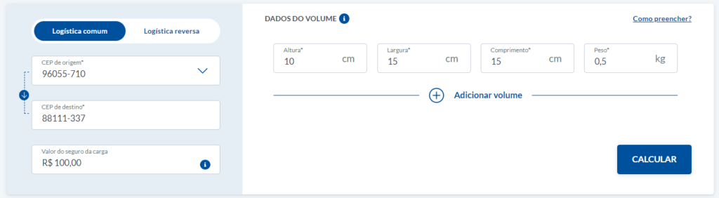 tela da Calculadora de Fretes do Melhor Envio.