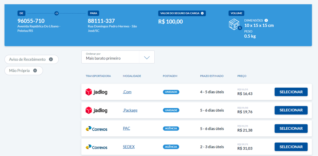 tela da Calculadora do Melhor Envio, mostrando as opções de fretes disponíveis.
