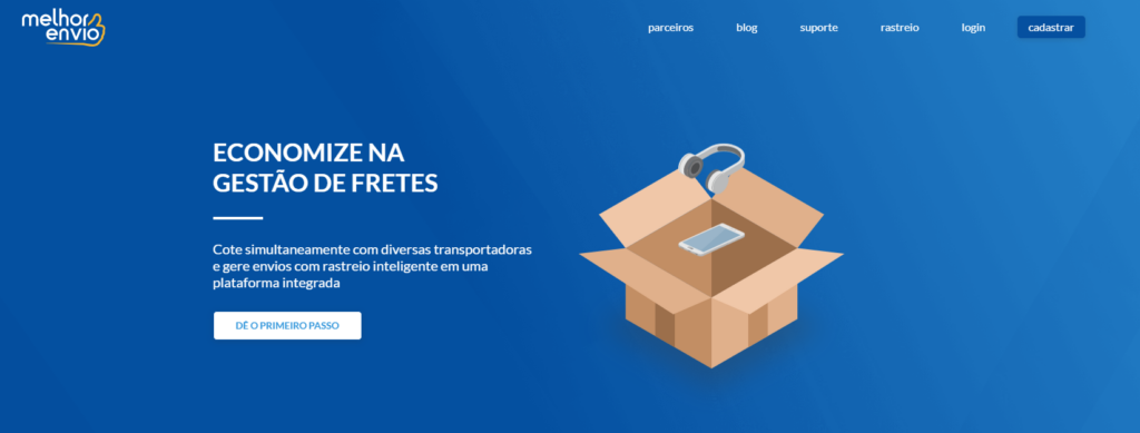 tela inicial do Melhor Envio, plataforma de fretes.