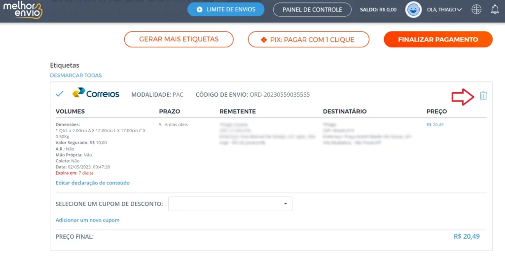 Ícone da lixeira no lado direito para excluir etiqueta de frete