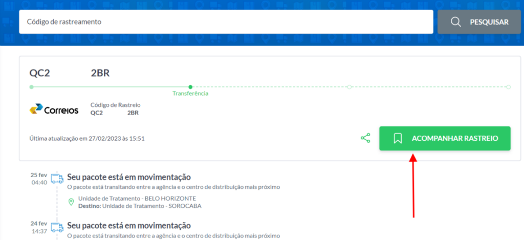 Botão verde "Acompanhar rastreio" do Melhor Rastreio