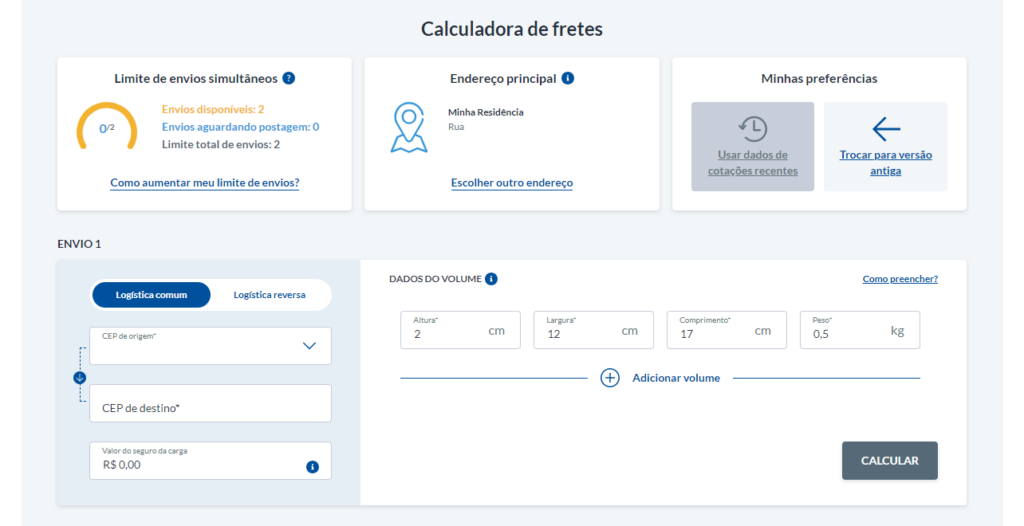 página da calculadora do Melhor Envio
