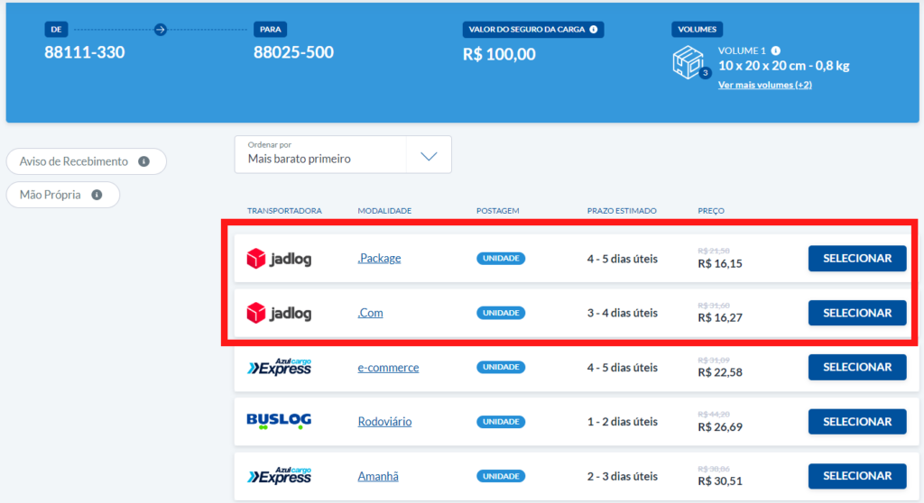 lista de planos, preços e transportadoras com destaque para a jadlog