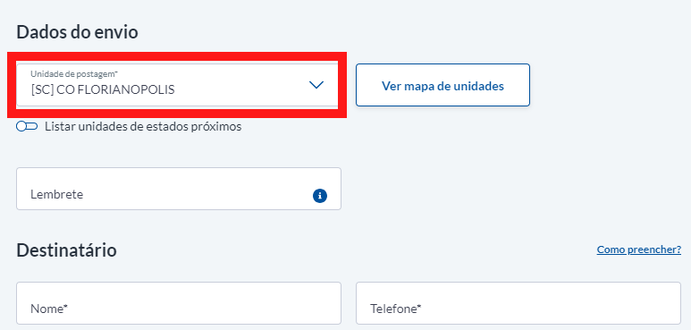 Escolha o local de postagem