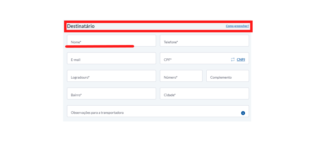 Formulário com os campos do destinatário