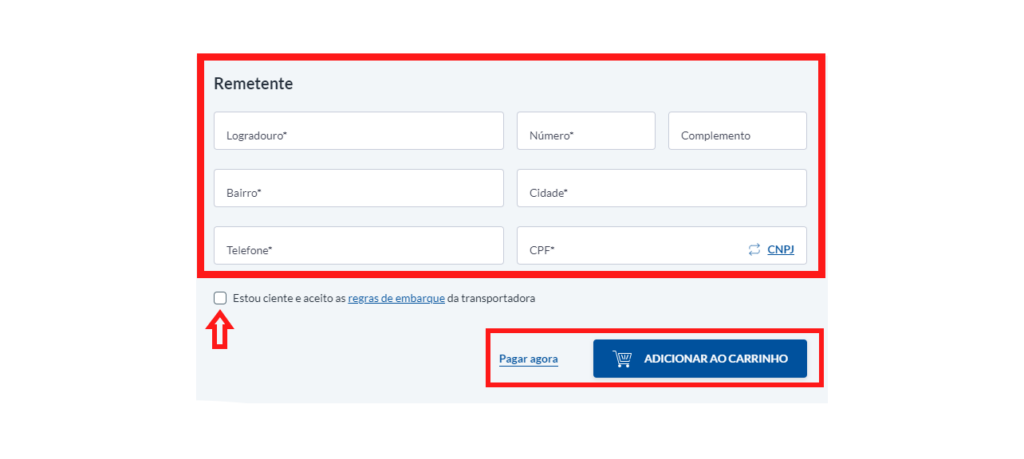Formulário do remetente, checkbox para confirmar ciência de regras de embarque e botões para pagar