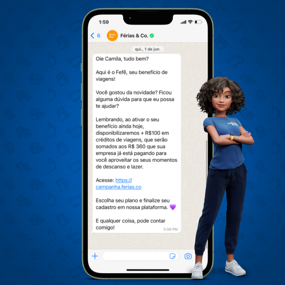 Captura de tela do WhatsApp verificado da empresa Férias e Co. O ícone de verificação verde confirma a autenticidade e a confiabilidade da conta empresarial, garantindo aos clientes uma comunicação segura e confiável.