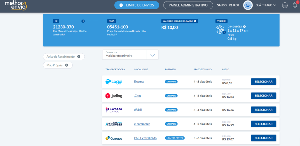 Página da plataforma do Melhor Envio