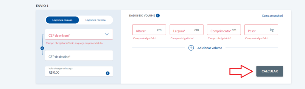 Tela de contratação de frete do Melhor Envio, onde é necessário informar o endereço do remetente e do destinatário.