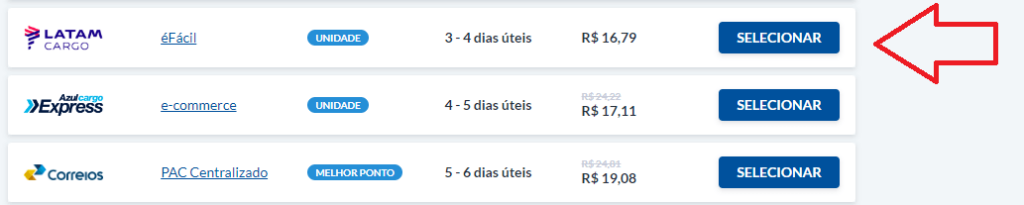 tela com o resultado da busca de pesquisa de preço de frete usando o Melhor Envio.