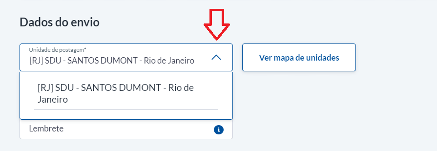 tela de escolha de unidade de postagem na calculadora do Melhor Envio.