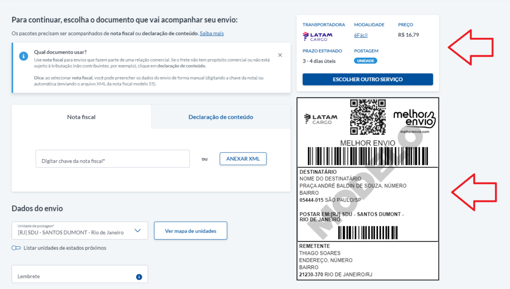 Etiqueta de frete gerada pelo Melhor Envio na transportadora LATAM Cargo.