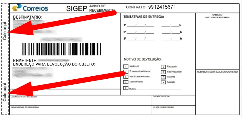 Na imagem, o documento do AR Correios, um recurso usado para registrar e rastrear informações importantes sobre um envio, garantindo maior transparência e segurança no processo de envio e recebimento de encomendas.