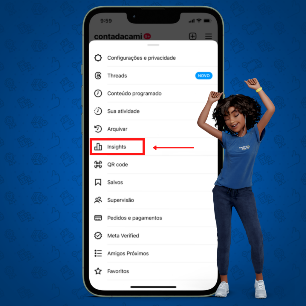 Mel do Melhor Envio ao lado do celular foco em "insights" em Configuração de privacidade