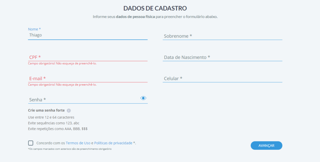 Formulário para cadastro