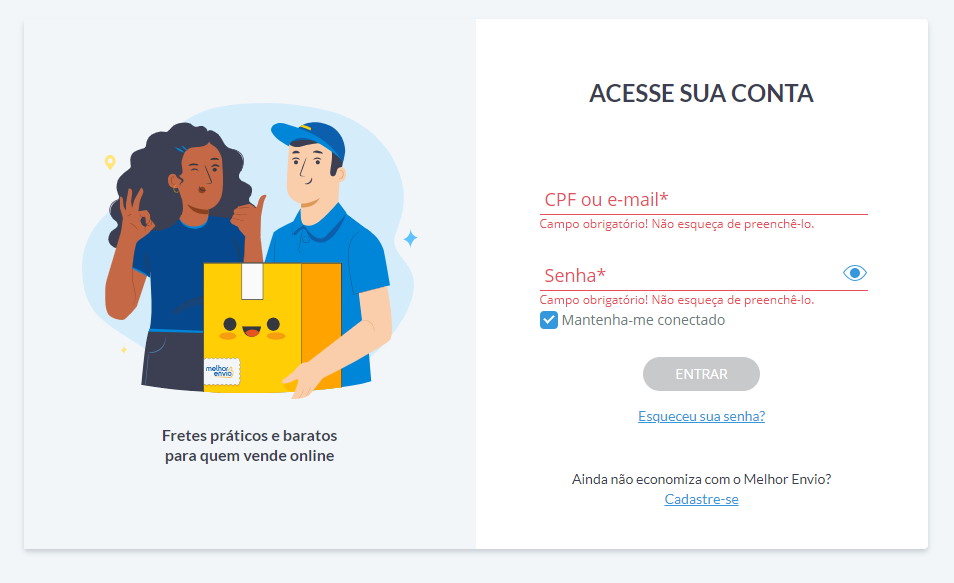 Página de login, campos de cpf ou e-mail e senha