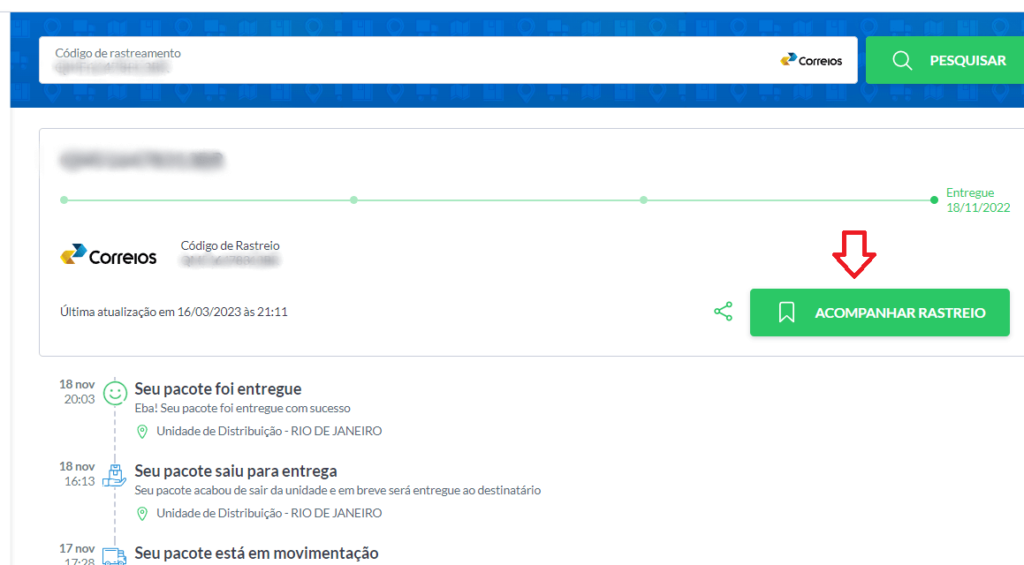 Clique no botão verde "Acompanhar rastreio"