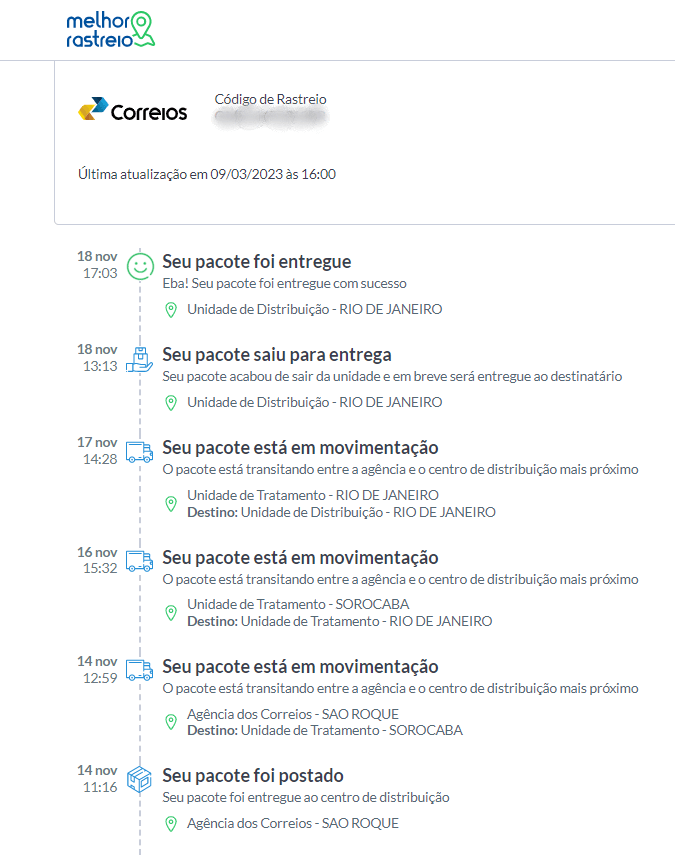 Tela do Melhor Rastreio com Status de entregue do pacote dos Correios