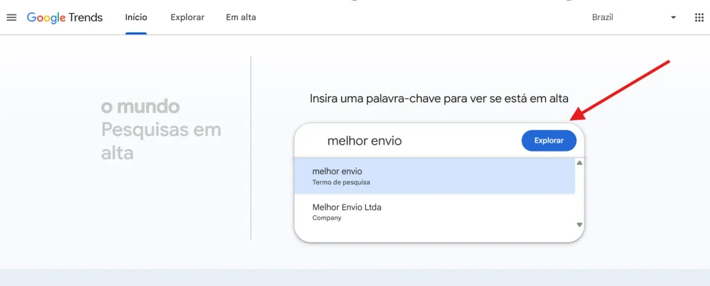 simulação de pesquisa "Melhor Envio" no Google trends