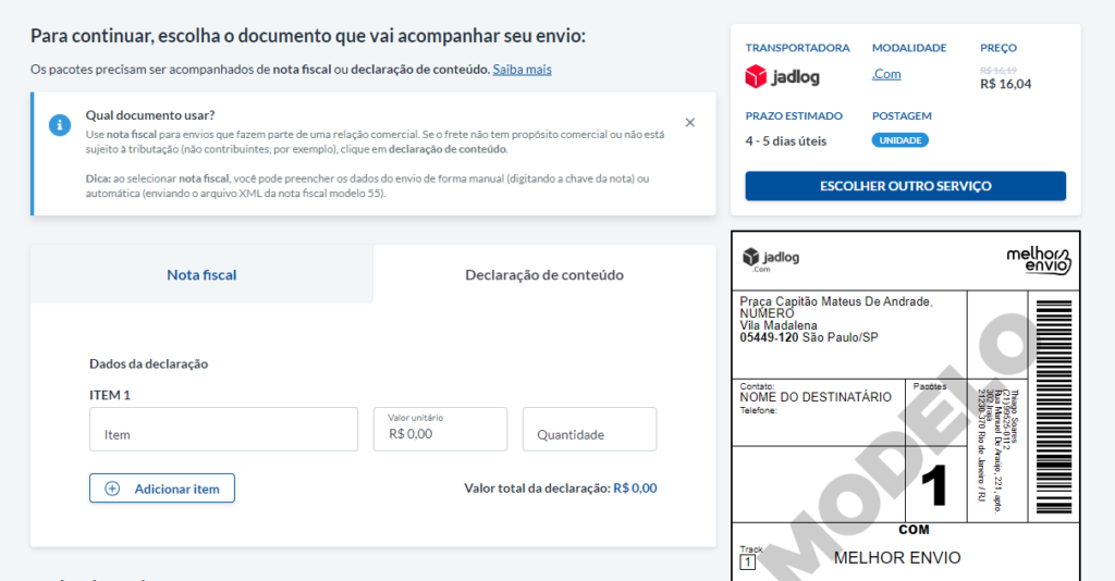 Selecione entre nota fiscal ou declaração de conteúdo