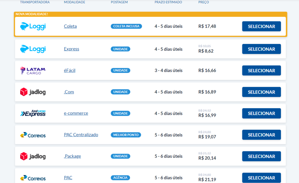 Tabela de resultados das transportadoras, modalidades, prazos e preços
