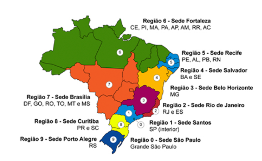 Mapa dividido em 10 regiões postais.