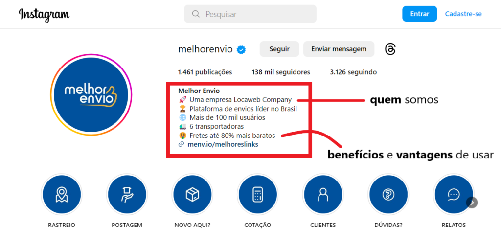 Perfil do Instagram do Melhor Envio