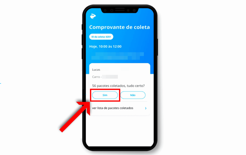 Tela de celular site da loggi solicitando confirmação se a coleta foi bem sucedida
