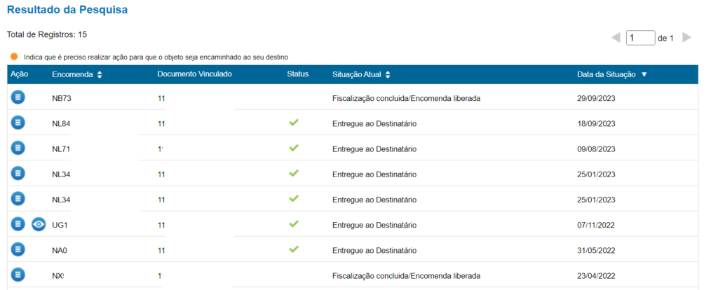 Tela "Minhas importações" dos Correios
